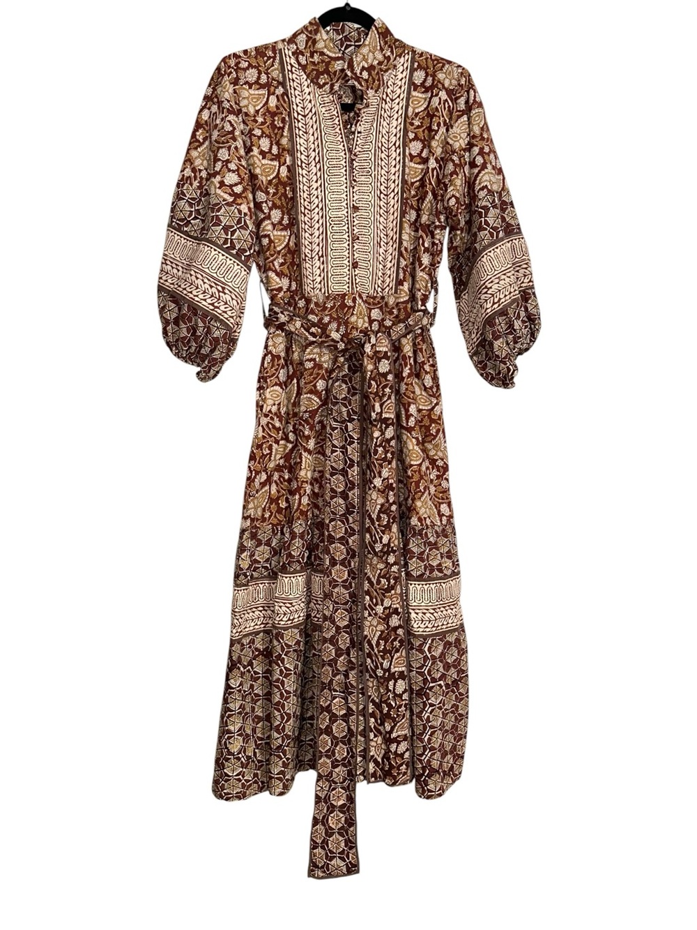 Sue Sartor Flounce Burgundy Floral Paisley Print Belted Midi Dress